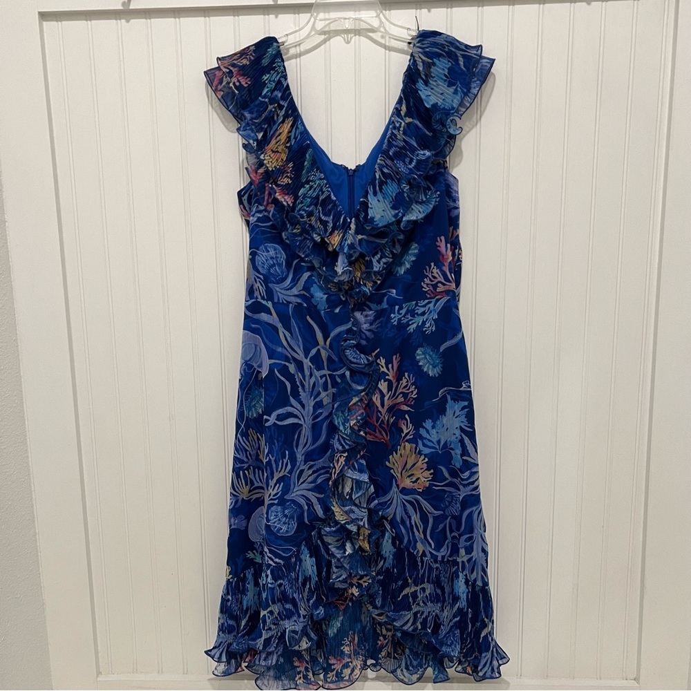 Tadashi Shoji Blue Floral High-Low Ruffle Dress